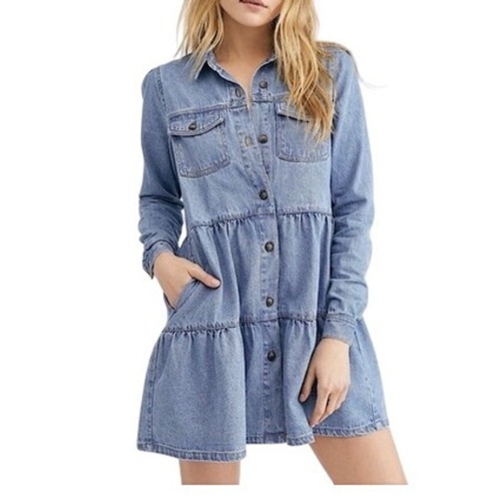 Free People nicole Denim Tiered Babydoll Mini Dress chambray Blue S Boho preppy